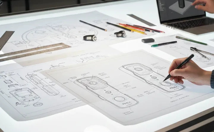 Hand sketching FINEX product blueprints on a lit drafting table